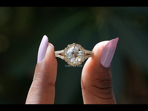 [Peruzzi Cut Moissanite Halo Split Shank Ring]-[Golden Bird Jewels]