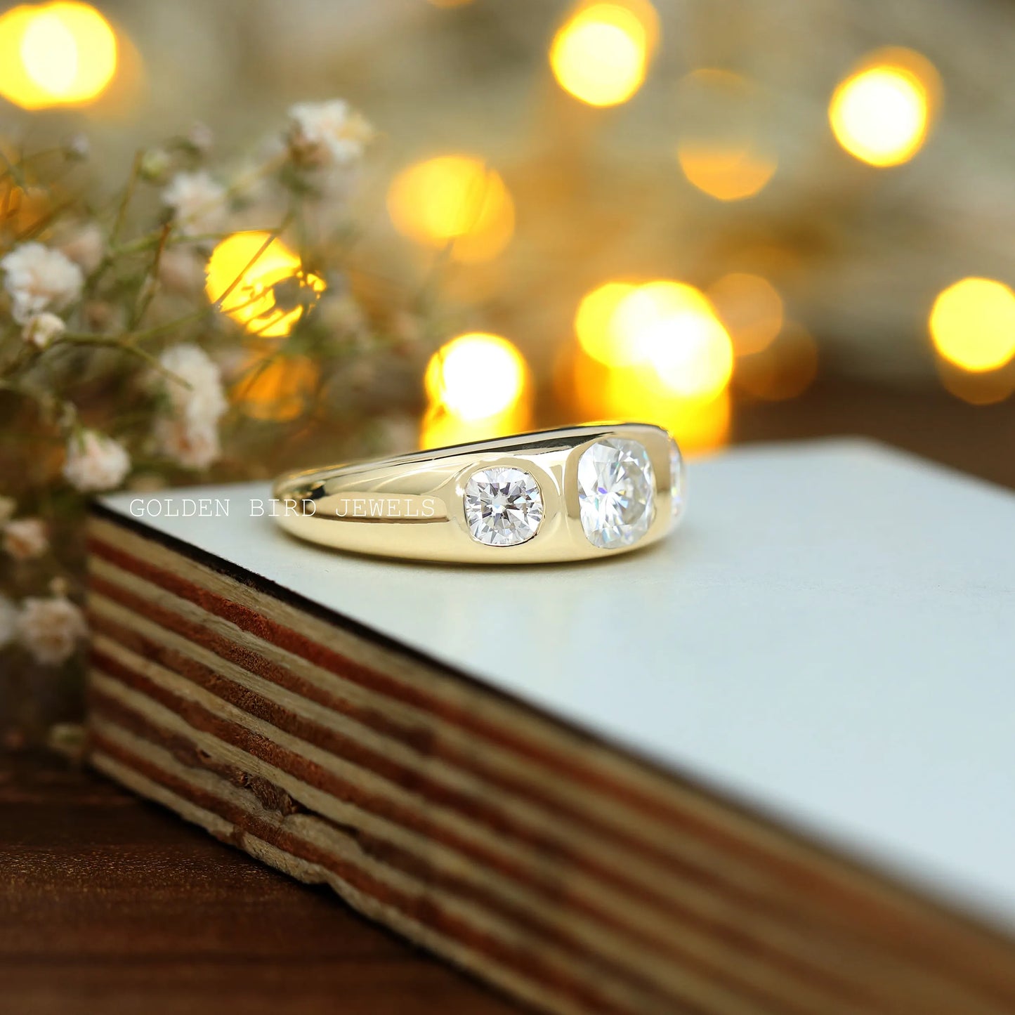 Right Side View Of Colorless Moissanite Three Stone Engagement Ring For Men