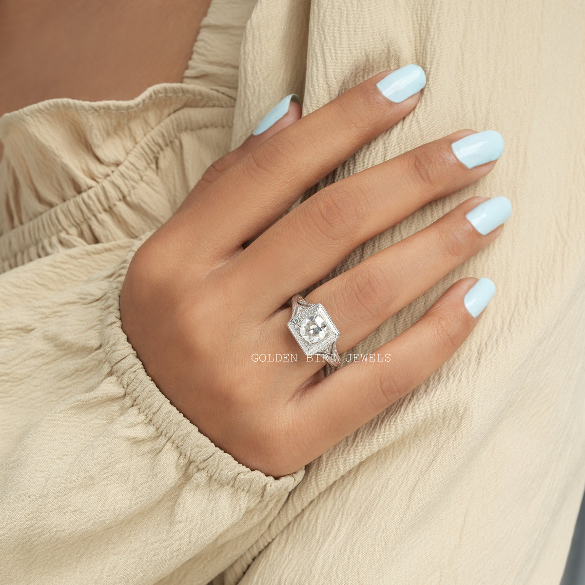 [White Gold Old European Round Cut Moissanite Ring]-[Golden Bird Jewels]