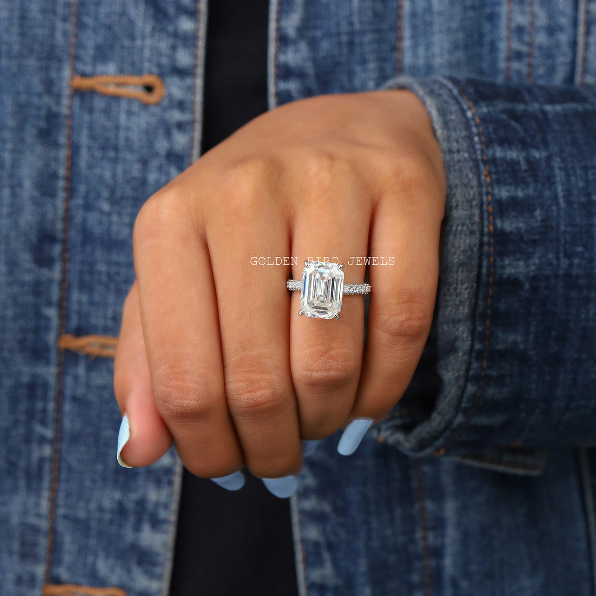 [Emerald Cut Moissanite Solitaire Ring]-[Golden Bird Jewels]