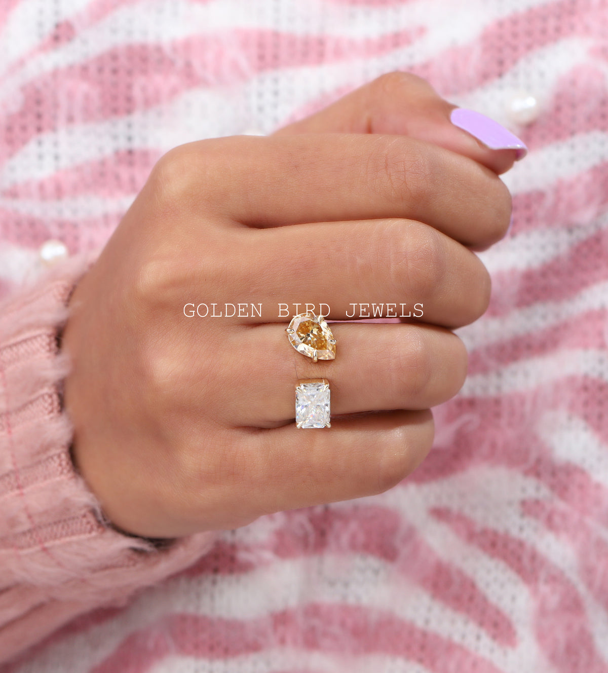 [Yellow Pear And Colorless Radiant Moissanite Open Ring]-[Golden Bird Jewels]