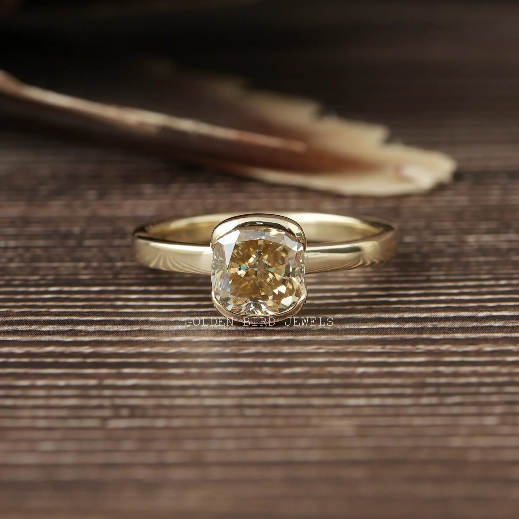 [Yellow Cushion Moissanite Half Bezel Solitaire Ring]-[Golden Bird Jewels]